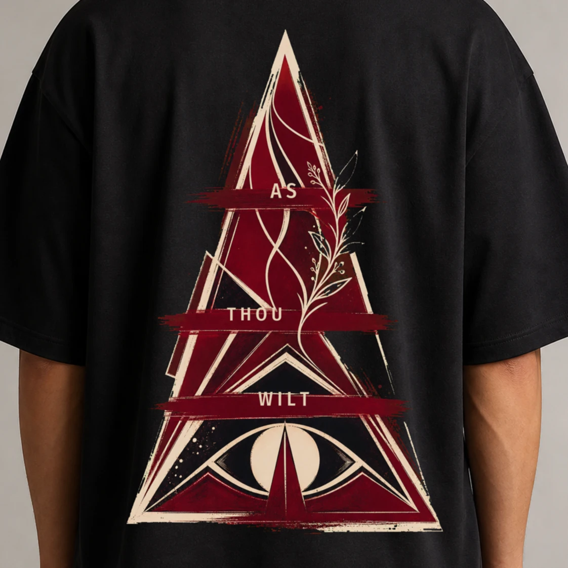 Close view of the oxblood, bone and black Pyrawill 2026 back artwork