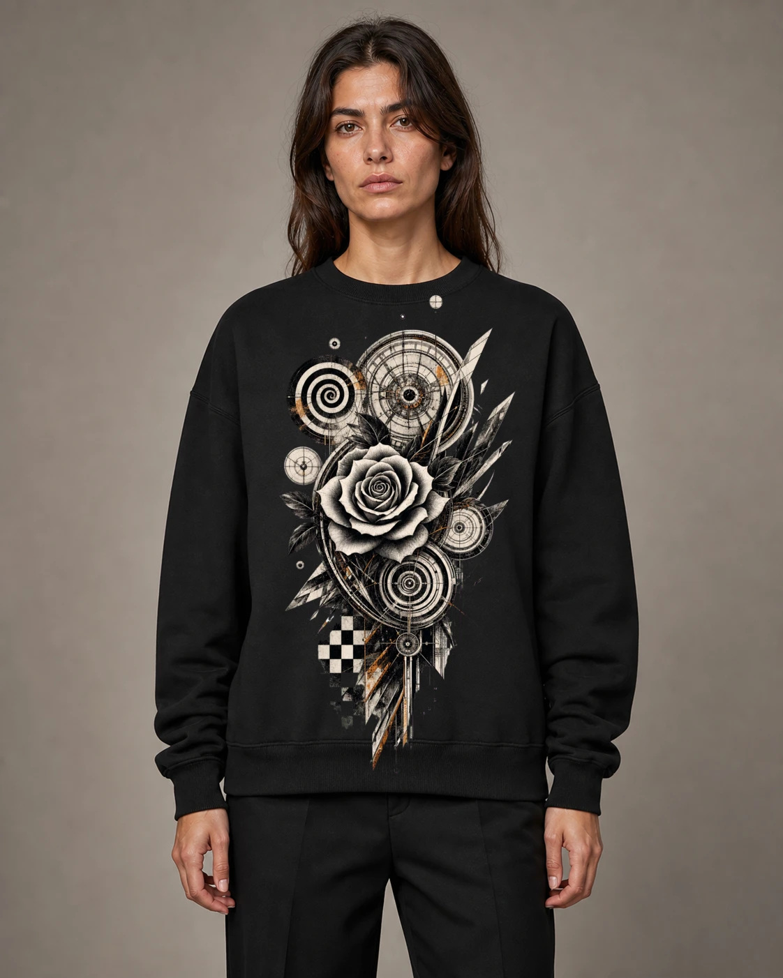 Woman wearing the black Rosy MK heavyweight crewneck with the mechanical rose composition